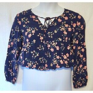 Mudd Women's XL Blue Floral Crop Top Rayon Ruched Hem Long Sleeve Boho